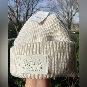 Coach Cream Ribbed Knit Beanie